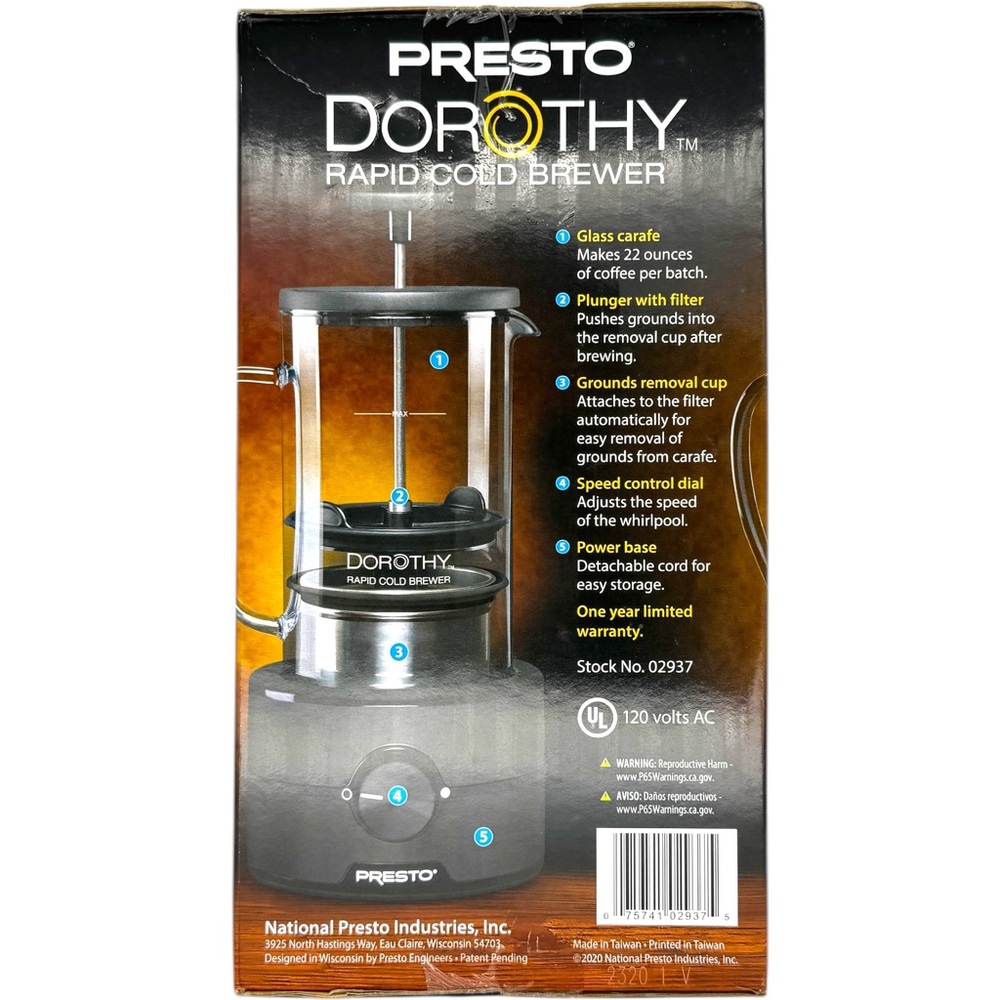 Presto Dorothy Rapid Cold Brew Coffee Maker 15-Min Tornado Spin Fast Brewer 22oz - Picture 6 of 8